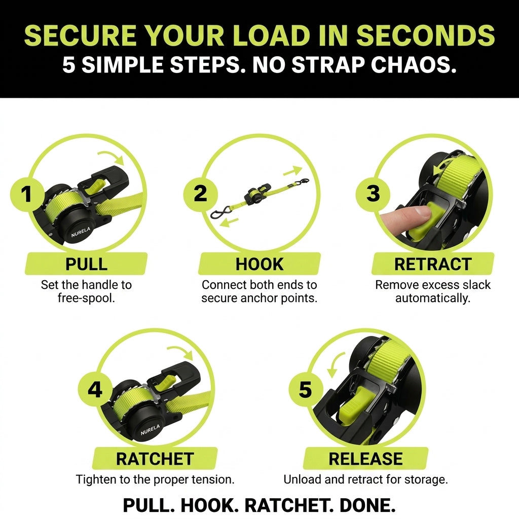Nurela™ Retractable Ratchet Tie Downs